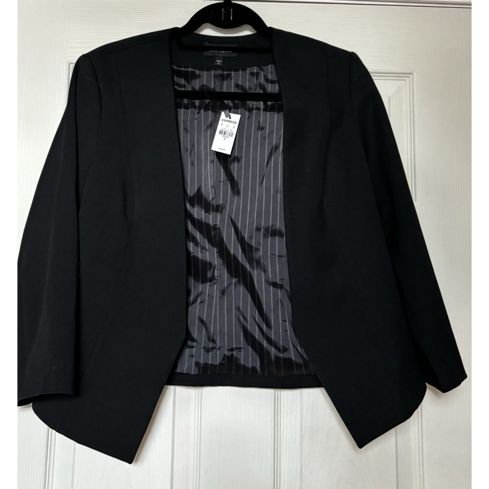 Express Women's Size12 Stretch Black Open Front Blazer Asymmetrical Hem